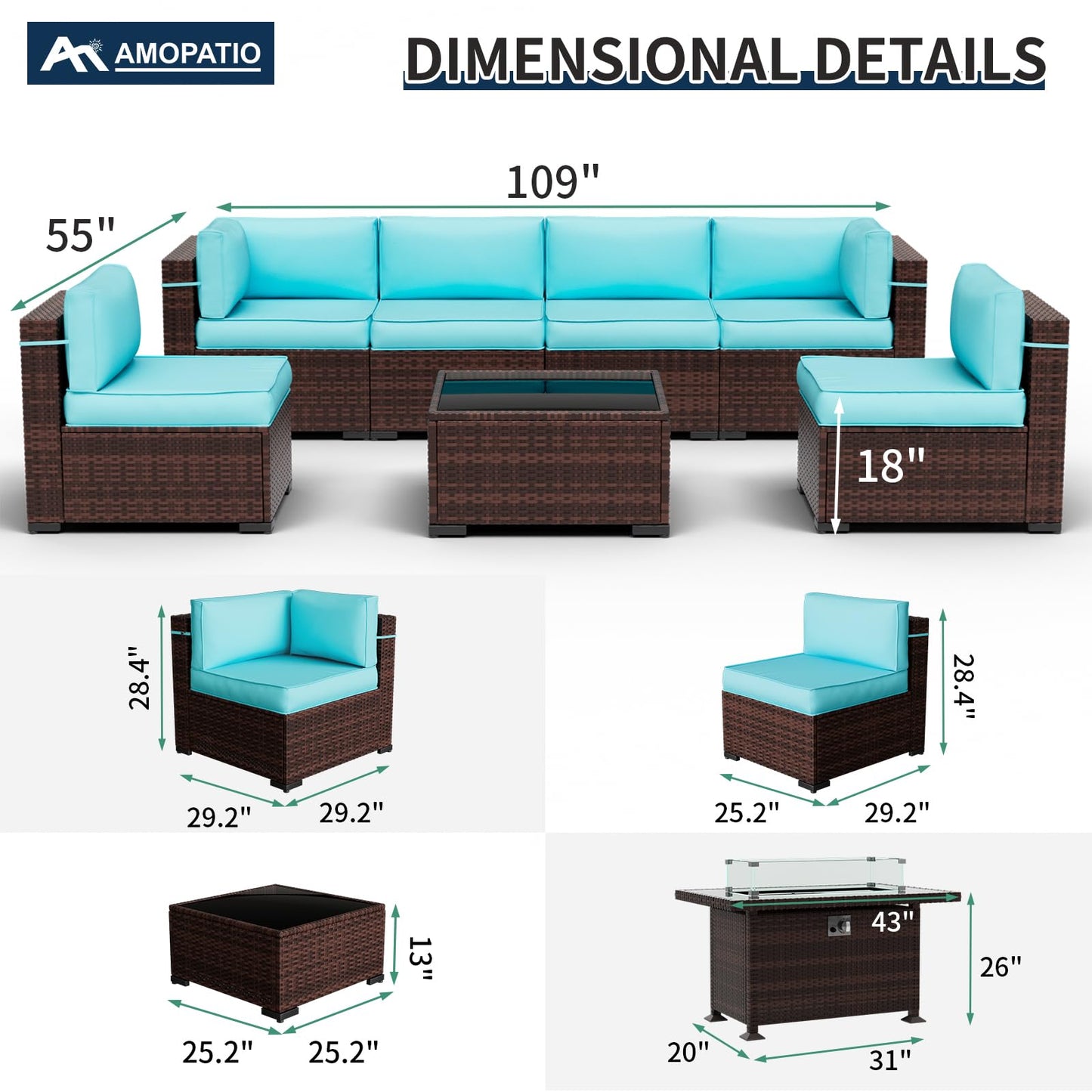 Amopatio Patio Furniture Sets, 7 Pieces Outdoor Rattan Sectional Sofa Set with Glass Table and Cushions, Wicker Patio Conversation Set for Outdoor Indoor Backyard Lawn Garden Porch (Grey)