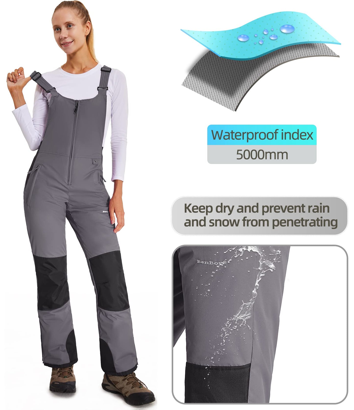 BenBoy Women's Snow Bibs Ski Waterproof Windproof Insulated Overalls Ripstop Snowboard Pants Winter