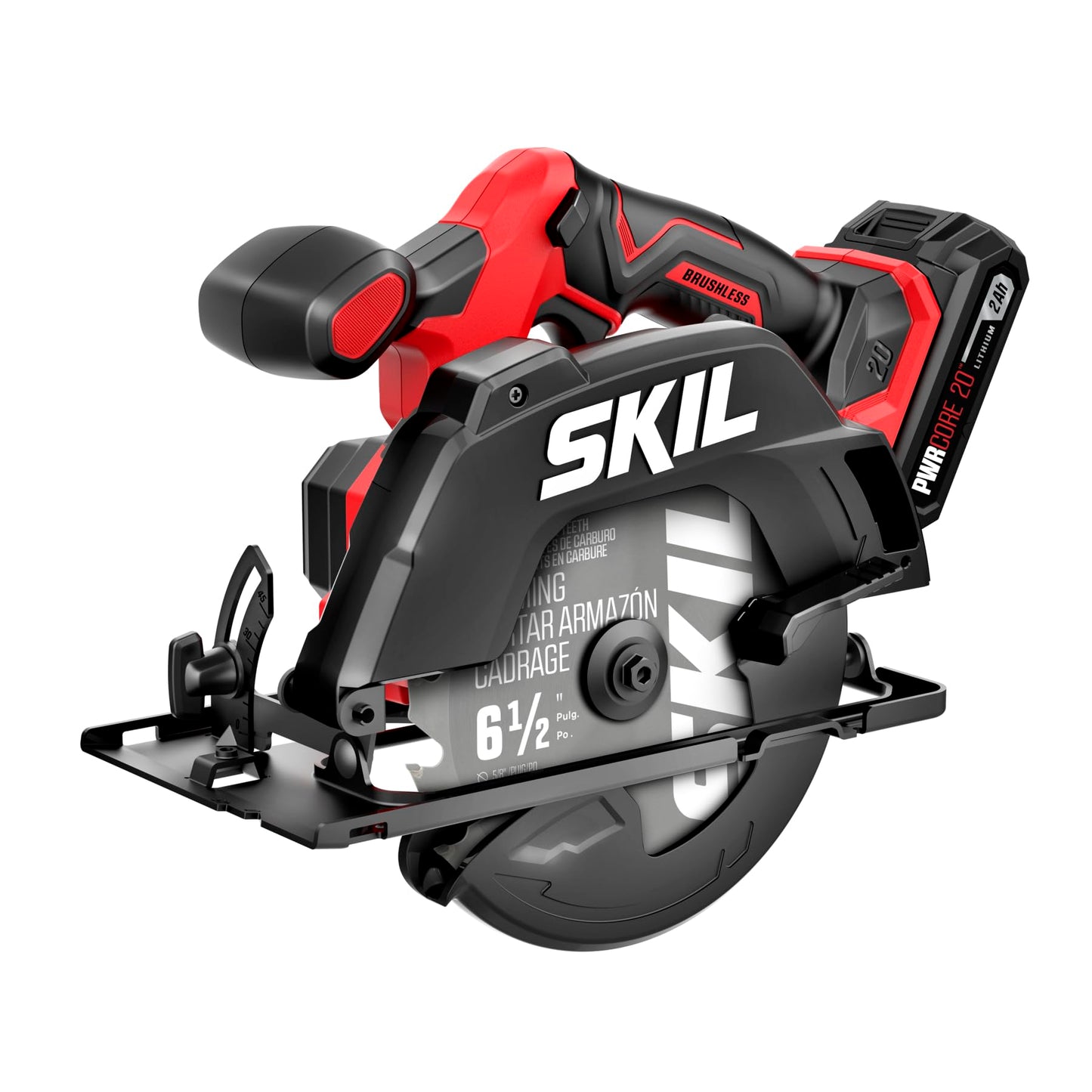 SKIL 20V 4-Tool Combo Kit: 20V Cordless Drill Driver Reciprocating Saw, Circular Saw and Spotlight, Includes Two 2.0Ah PWR CORE Lithium Batteries and One Charger - CB739701,Black, Red