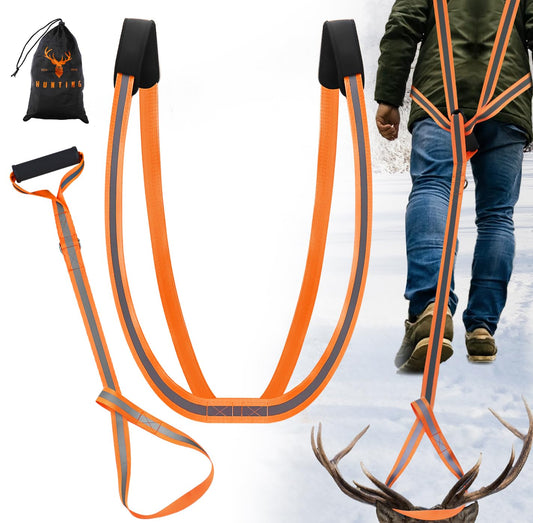 CHERAINTI Deer Drag Harness, Heavy Duty Deer Drag Strap Orange Deer Dragging Rope with Reflective Strip Soft Handle and Widen Shoulder Mens Deer Hunting Essentials Gear Accessories Gift for Hunters