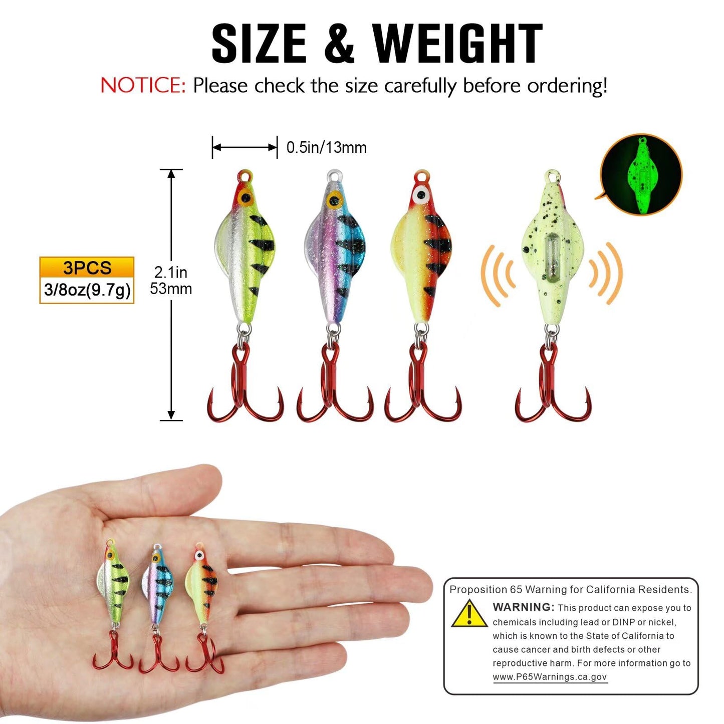 Dovesun Ice Fishing Jigs Ice Fishing Lures Kit Rattling Glow Ice Fishing Spoons for Bass Crappie Panfish Mens Fishing Gifts 15PCS/4PCS/3PCS