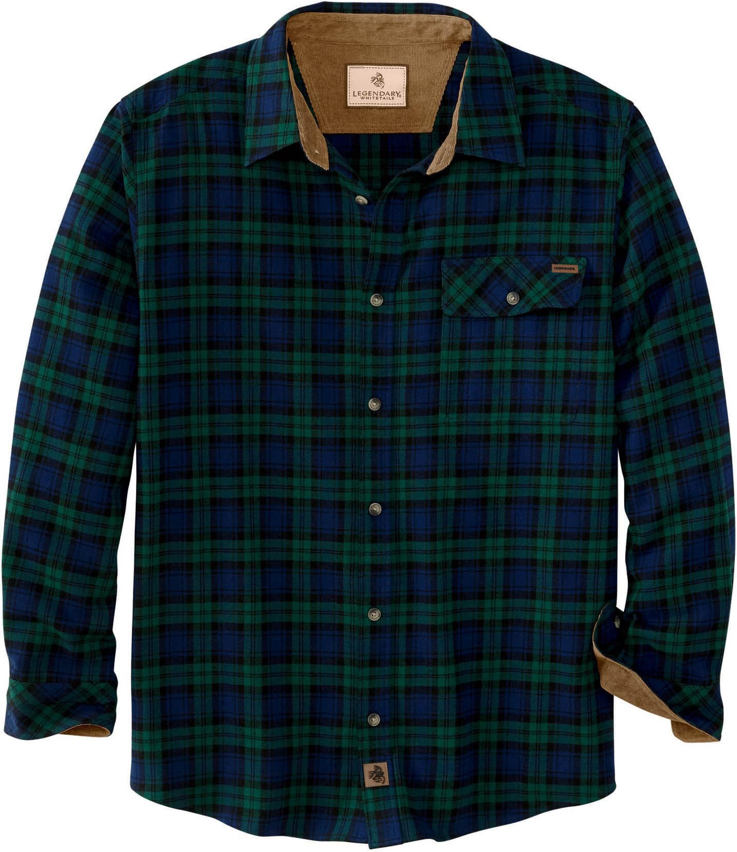 Legendary Whitetails Men's Buck Camp Flannel, Long Sleeve Plaid Button Down Casual Shirt, Corduroy Cuffs