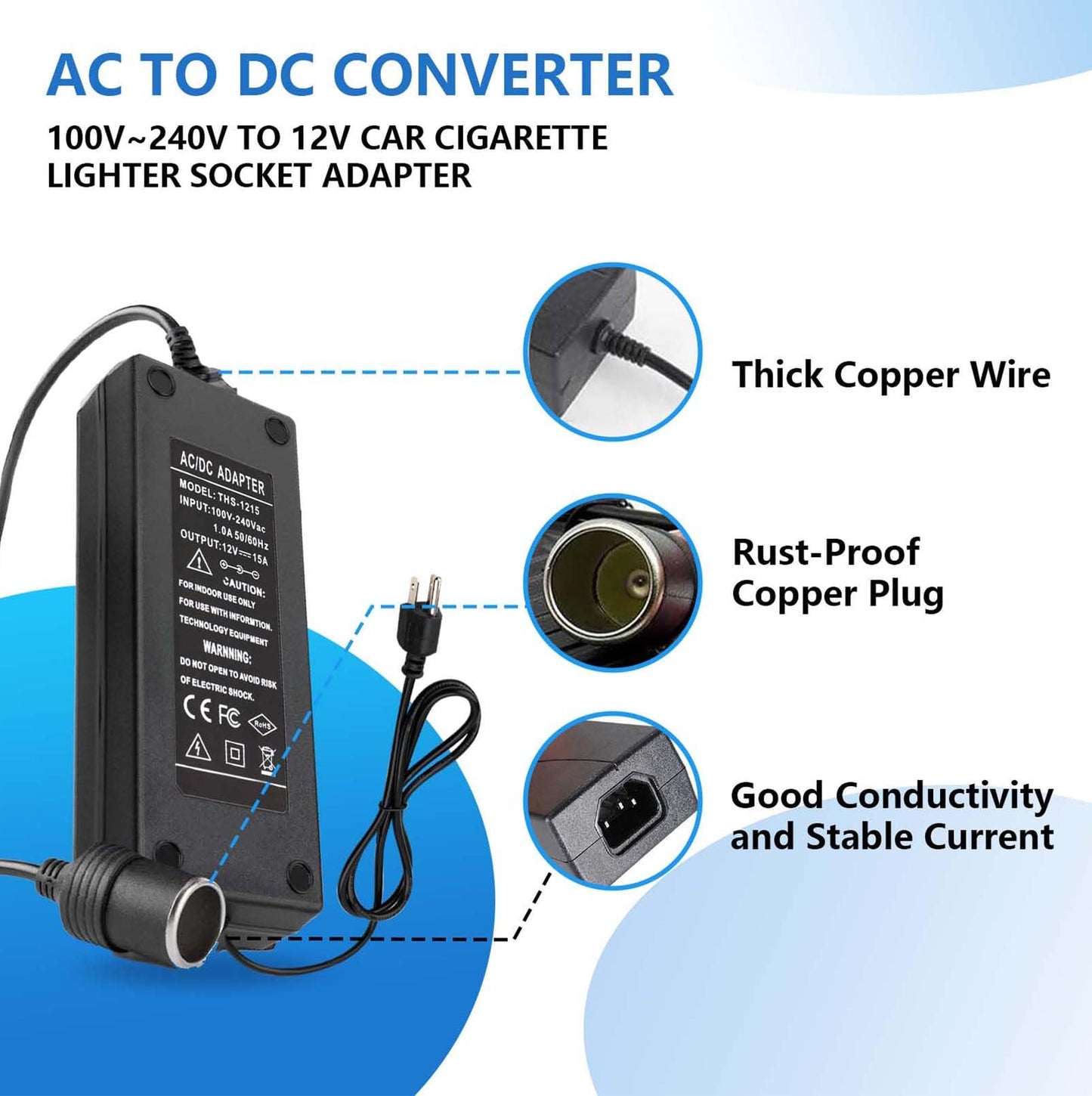 15A 180W 110V to 12V Converter AC to DC Converter 120 to 12 Volt Converter Car Cigarette Lighter Socket Adapter AC/DC Power Supply Adapter for Tire Inflator Car Refrigerator and Other Car Devices
