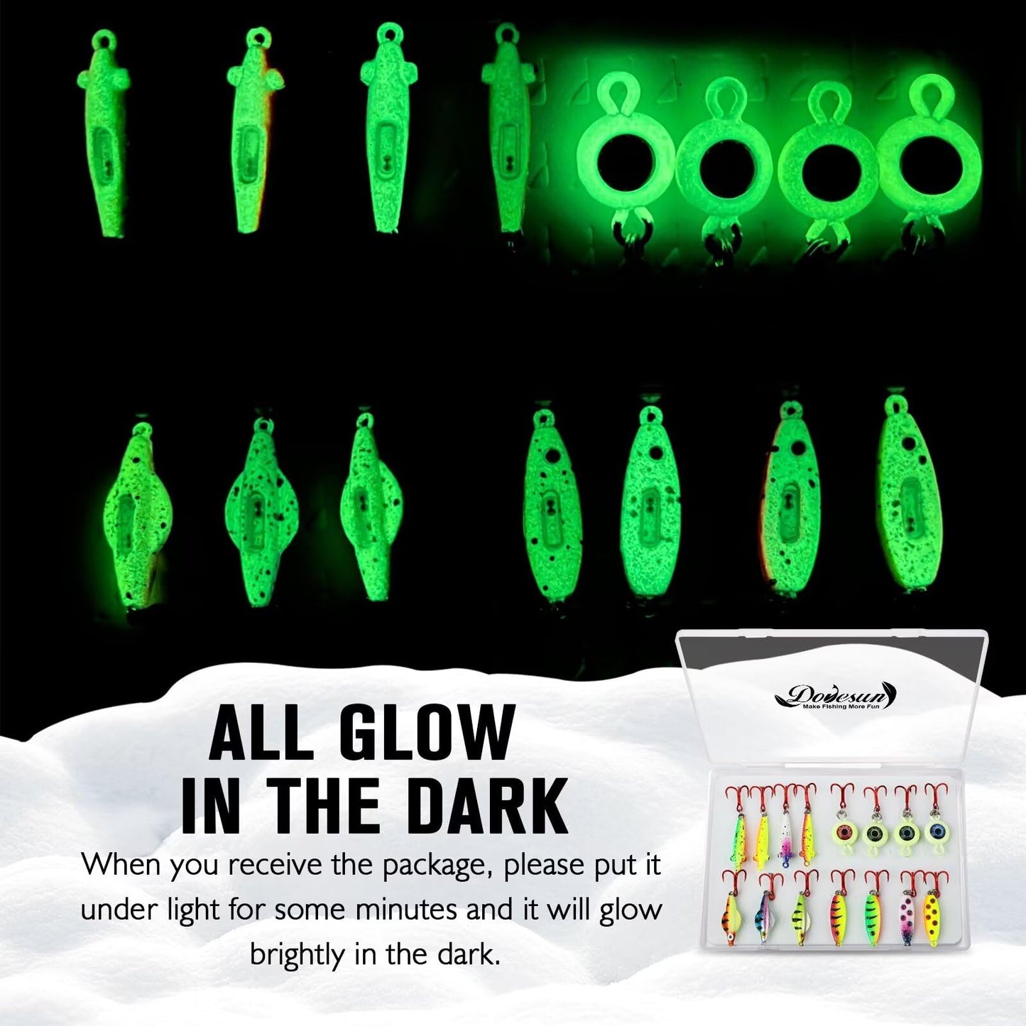 Dovesun Ice Fishing Jigs Ice Fishing Lures Kit Rattling Glow Ice Fishing Spoons for Bass Crappie Panfish Mens Fishing Gifts 15PCS/4PCS/3PCS