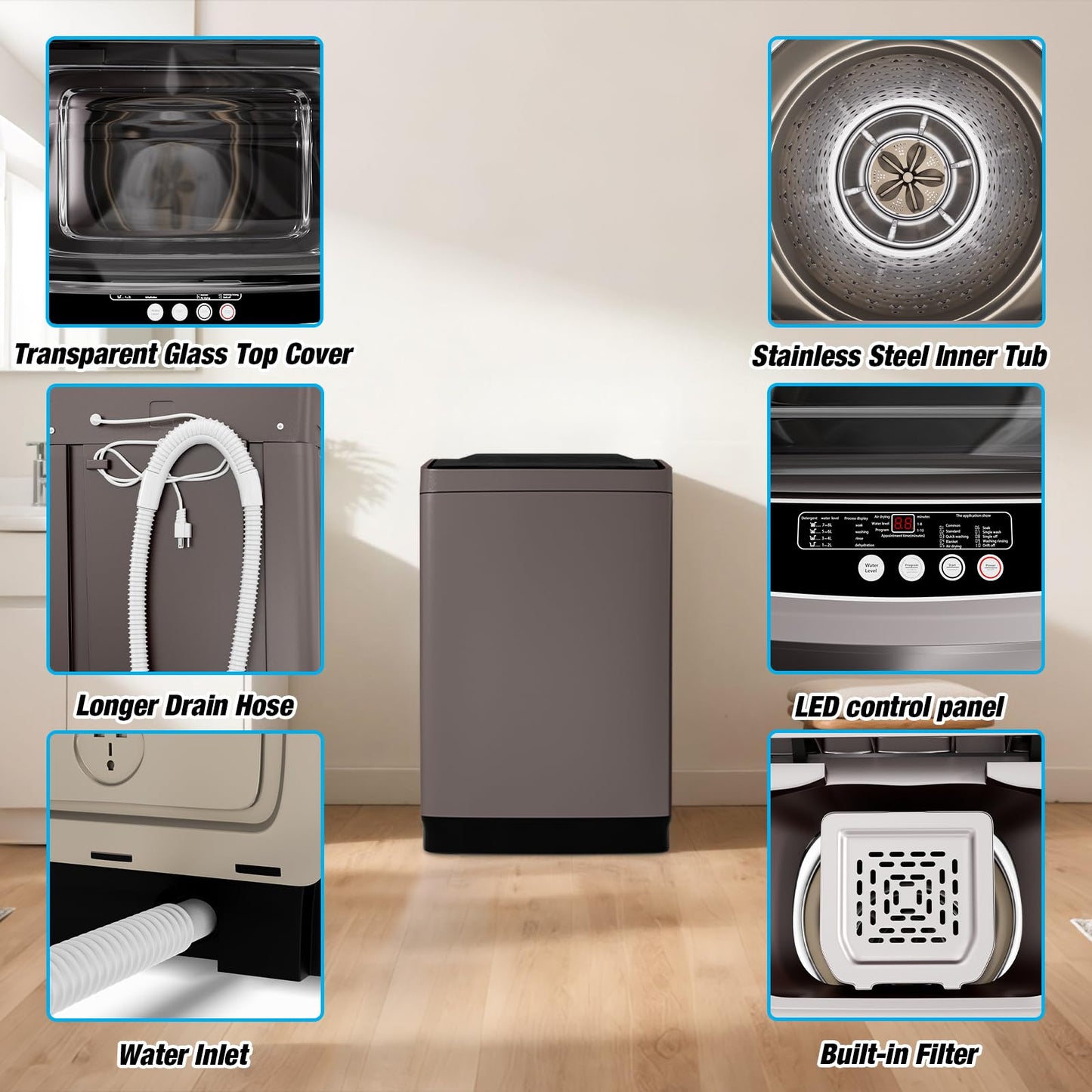 Muhub Washer and Dryer Combo Set,Full-Automatic 17.6LBS Washing Machine with 10 Washing Programs & Portable Laundry Dryer with 4 Automatic Drying Mode.