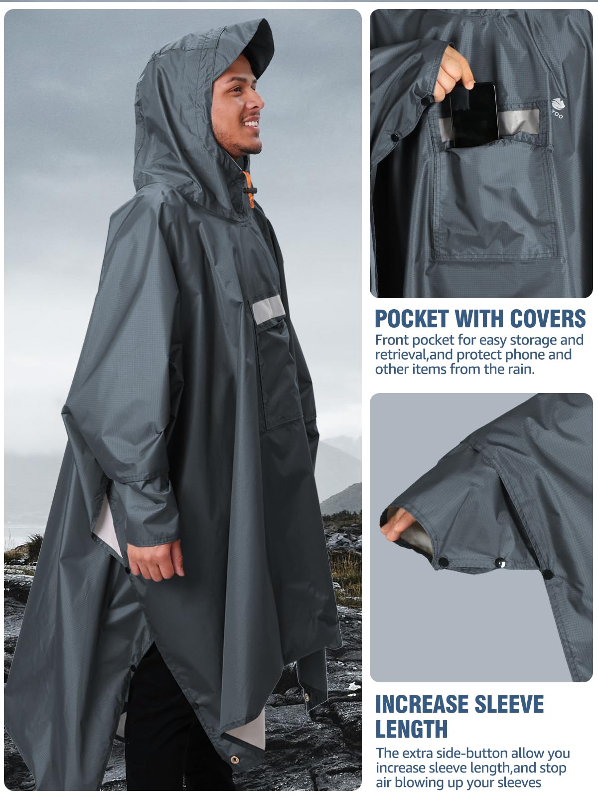 ANYOO Hooded Rain Poncho for Adults Waterproof Lightweight Rain Coat for Men Women Reusable Rain Jacket for Emergency Outdoor