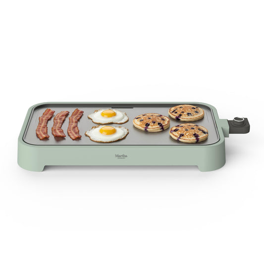 Martha Stewart 12” x 22” Electric Griddle, XL Ceramic Nonstick Flat Top Cooking Surface, Adjustable Temperature Dial, Drip Tray, Dishwasher Safe, 1500W Fast Even Heating, Pancakes & Eggs, Linen White