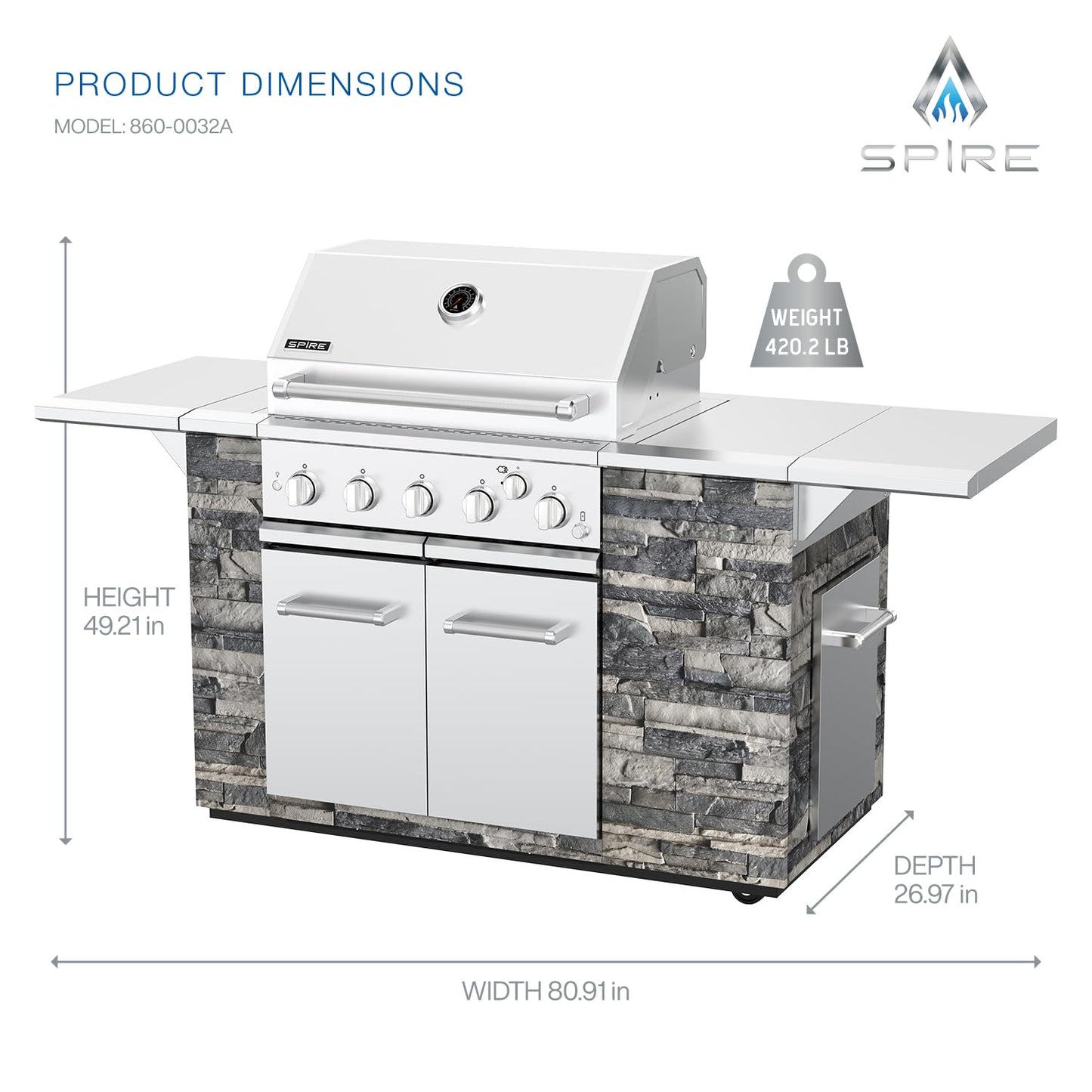 Spire Premium 5 Burner Built In Gas Grill Island Head, Stainless Steel 30 Inch Propane Grill with Rear Burner, 63,000 BTUs, 750 SQ In Racks, Dual Fuel Compatibility - 740-0788P