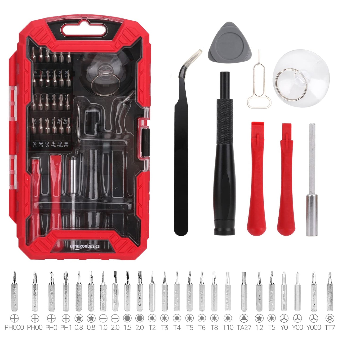 Amazon Basics Electronics Screwdriver Set, 32-Piece Tool Kit for Repair and Maintenance, Red