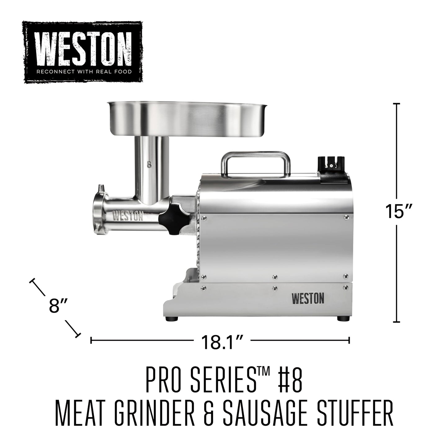 Weston Pro Series Electric Meat Grinder, Commercial Grade, 1120 Watts, 1.5 HP, 14lbs. Per Minute, Stainless Steel (10-2201-W)