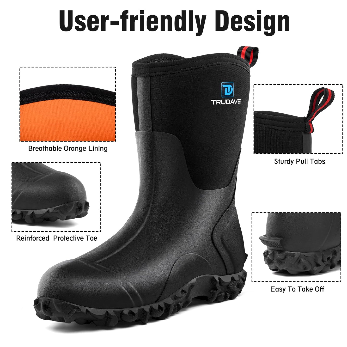 Rubber Boots for Women with Steel Shank, 6mm Neoprene Mid Calf Rain Boots, Waterproof Insulated Mud Work Boots All Season, Size 5-11
