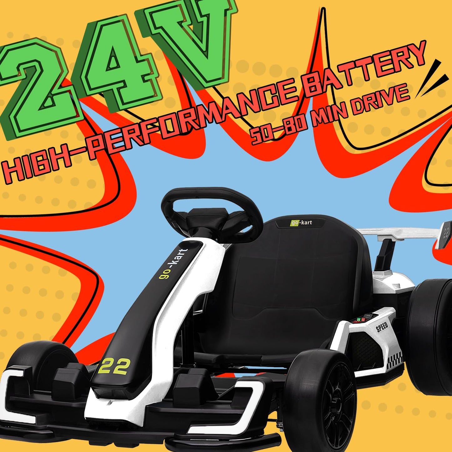 Kerry Yoo Go Kart Electric Drift Kart Car with Adjustable Seat, 24V Outdoor Ride on Toy with 4 Speed Mode, Crazy Cart for Kids 6-12 Years Old, Fast 300W Motor, 8.5 MPH, LED Lights, Bluetooth - Red