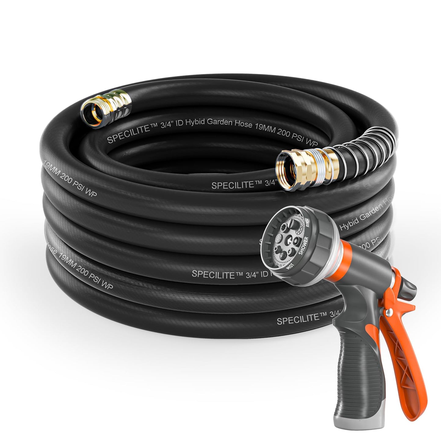 Garden Hose 50 ft x 5/8 in Heavy Duty, Flexible and Lightweight Water Hose, Burst 600 psi, Kink-less Hybrid Rubber Hose for Backyard, 3/4'' Brass Fittings