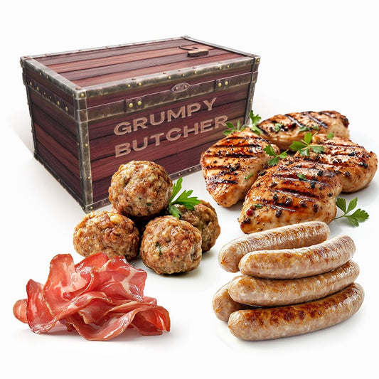 Grumpy Butcher Box Meat Food Gifts: 2 Top Sirloins Steaks (6 oz), 2 Duroc Bone in Pork Chops (14 oz) & 2 Cheese Stuffed Chicken Breasts Wrapped in Bacon (8 oz) - Gourmet Gift Basket for Men