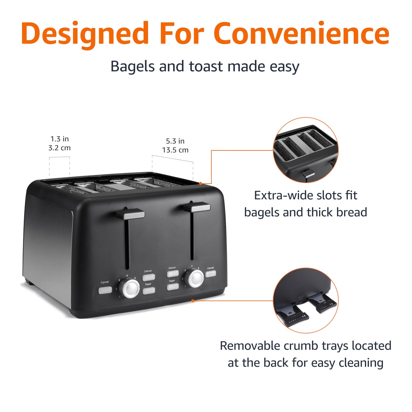 Amazon Basics 4 Slice Toaster, 7 Browning Settings, Extra Wide Slots for Bagels and Specialty Breads, Removable Crumb Tray, Cancel/Defrost/Bagel Buttons, 1500W, Black & Silver