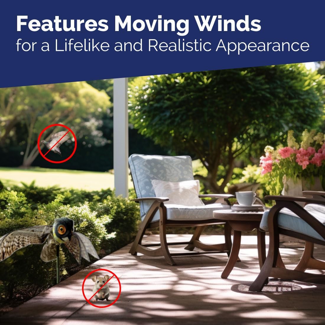 Bird-X Prowler Owl, Lifelike Owl Decoy with Glassy Eyes and Moving Wings, Easy to Install, Perfect for Pigeon, Hawk, and More, Covers up to 6,000 sq. ft., Black, Small
