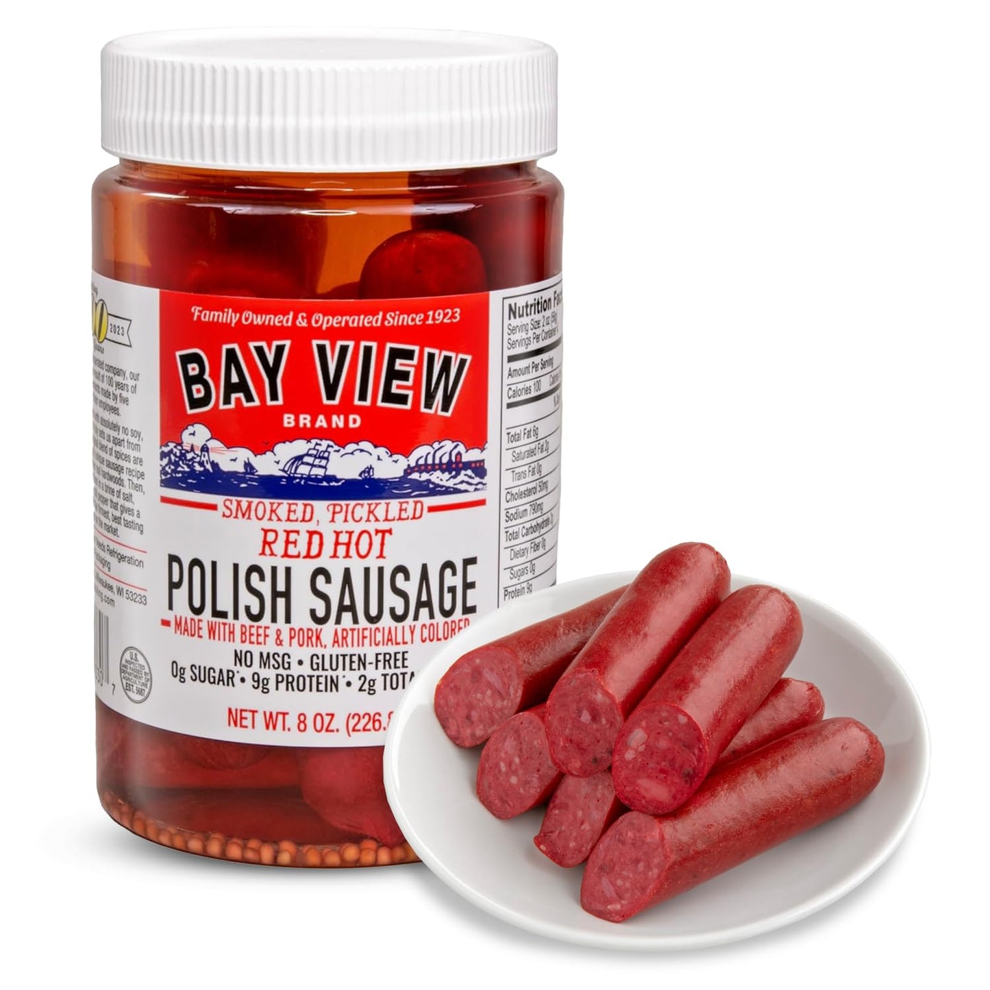 Bay View Smoked Pickled Polish Sausage, No MSG, Gluten Free, No Soy, 0g Sugar, 7g Protein, Hardwood Smoked, Mouthwatering Pickled Snack (Mild Bologna, 8oz)