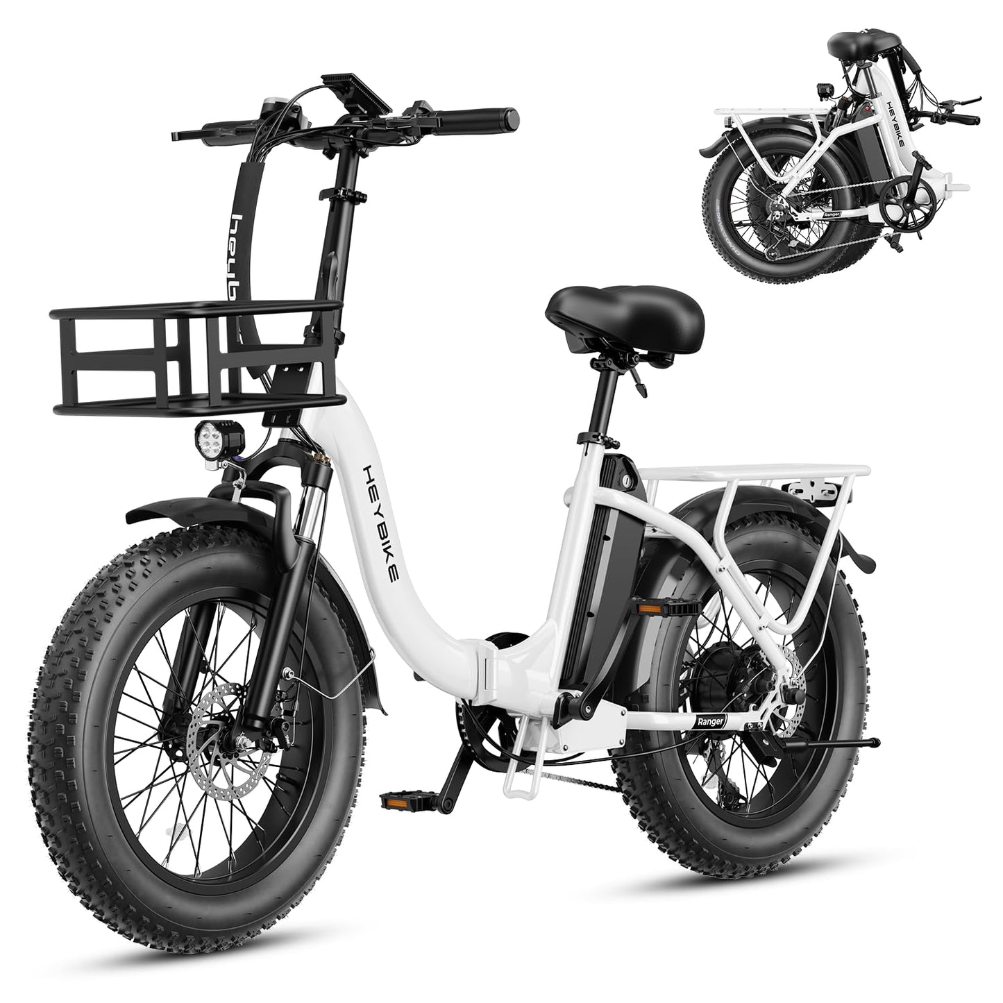 Heybike Ranger Electric Bike for Adults, Peak 1400W Upgraded Motor Ebike, 28MPH [20" Fat Tire All-Terrain] 600Wh Removable Battery Folding Step-Thru E Bike with Front Suspension