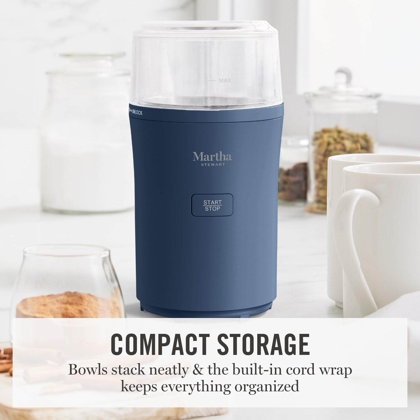 Martha Stewart Electric Coffee & Spice Grinder, Dual 2.5oz Removable Bowls, Storage Lids, Stainless Steel Blades, One Touch Pulse Control, 2-in-1 Compact, Beans & Spices, Herbs & Nuts, Sky Blue