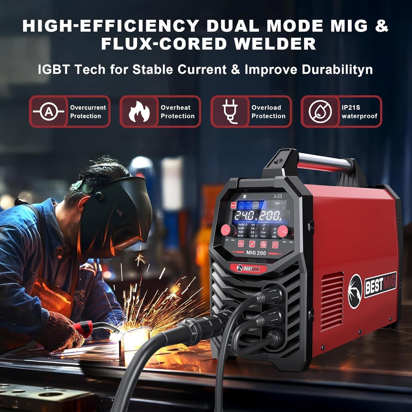 BESTMIG 135A MIG Welder - 3-in-1 Flux Core Welder, MIG/Lift TIG/Stick Welding Machine - Portable IGBT Inverter - 110V with Welding Helmets and Gloves (Red Black, MIG 135A Welder)