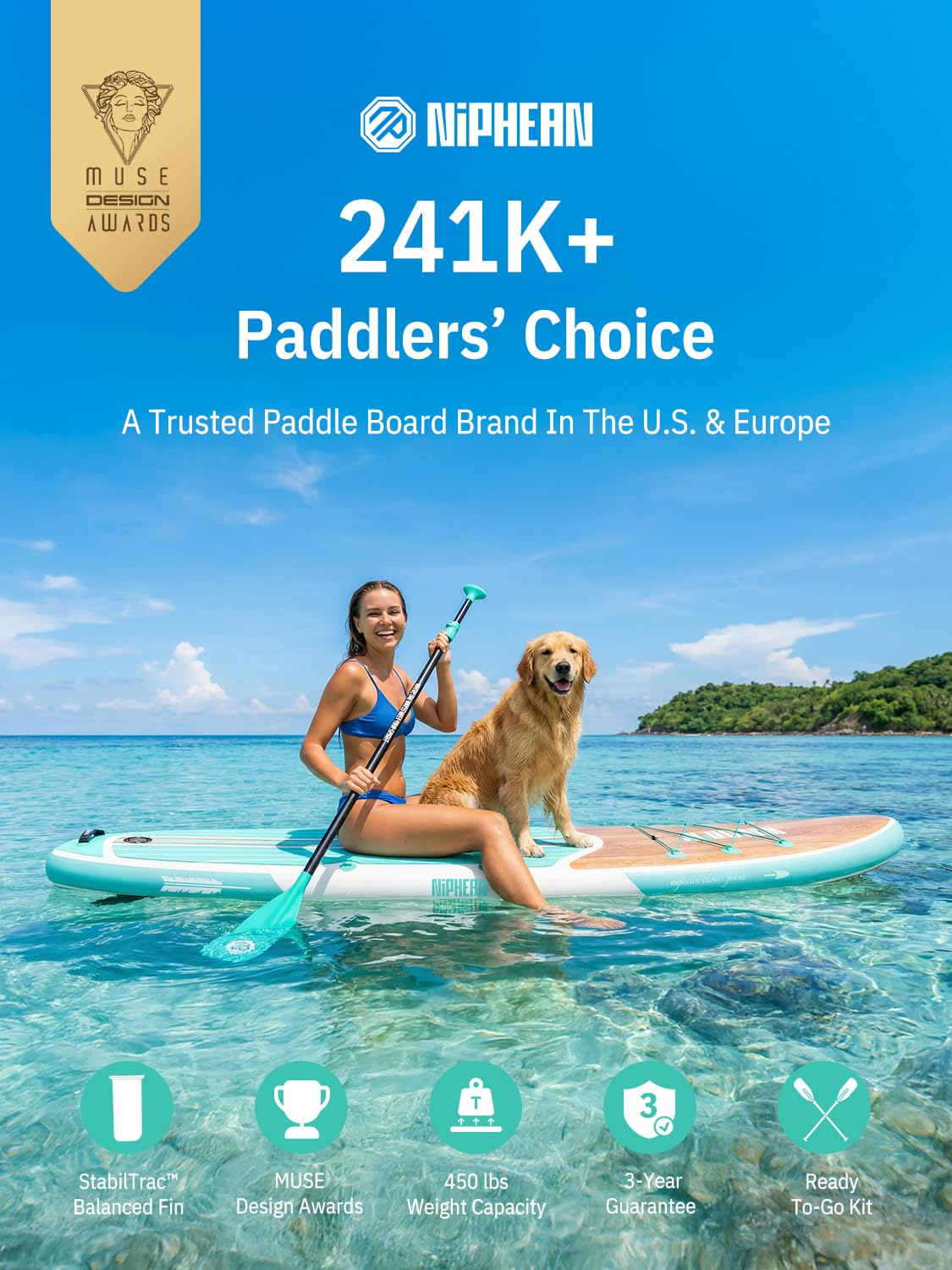 Niphean Inflatable Stand Up Paddle Board with Stabiltrac Fin Design and SUP Accessories, Anti-Slip EVA Deck, 10’6’’ Inflatable Paddle Boards for Adults & Youth of All Skill Levels