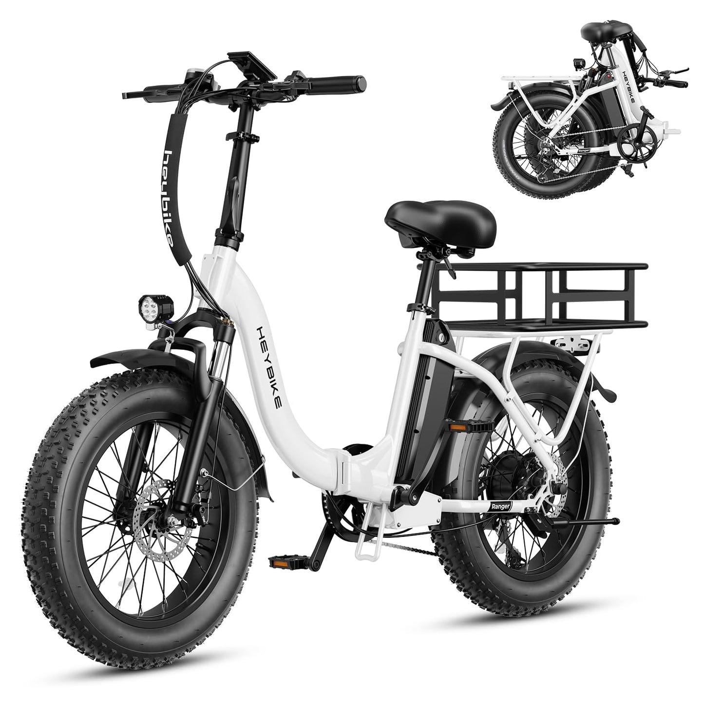 Heybike Ranger Electric Bike for Adults, Peak 1400W Upgraded Motor Ebike, 28MPH [20" Fat Tire All-Terrain] 600Wh Removable Battery Folding Step-Thru E Bike with Front Suspension