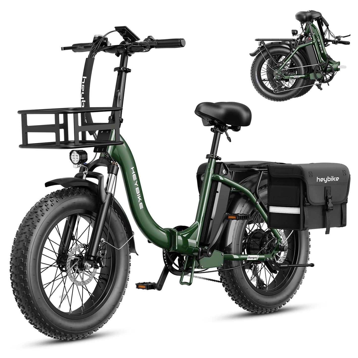 Heybike Ranger Electric Bike for Adults, Peak 1400W Upgraded Motor Ebike, 28MPH [20" Fat Tire All-Terrain] 600Wh Removable Battery Folding Step-Thru E Bike with Front Suspension