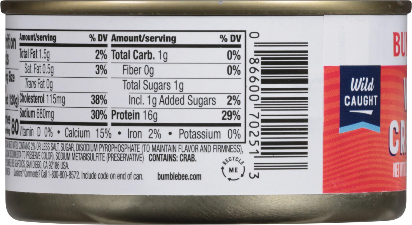 Bumble Bee White Flake Crab Meat in Water, 6 oz Can - 16g Protein & 1g Carb Per Serving - Wild Caught, Flaky, Drain Before Use, 6 Ounce (Pack of 1)