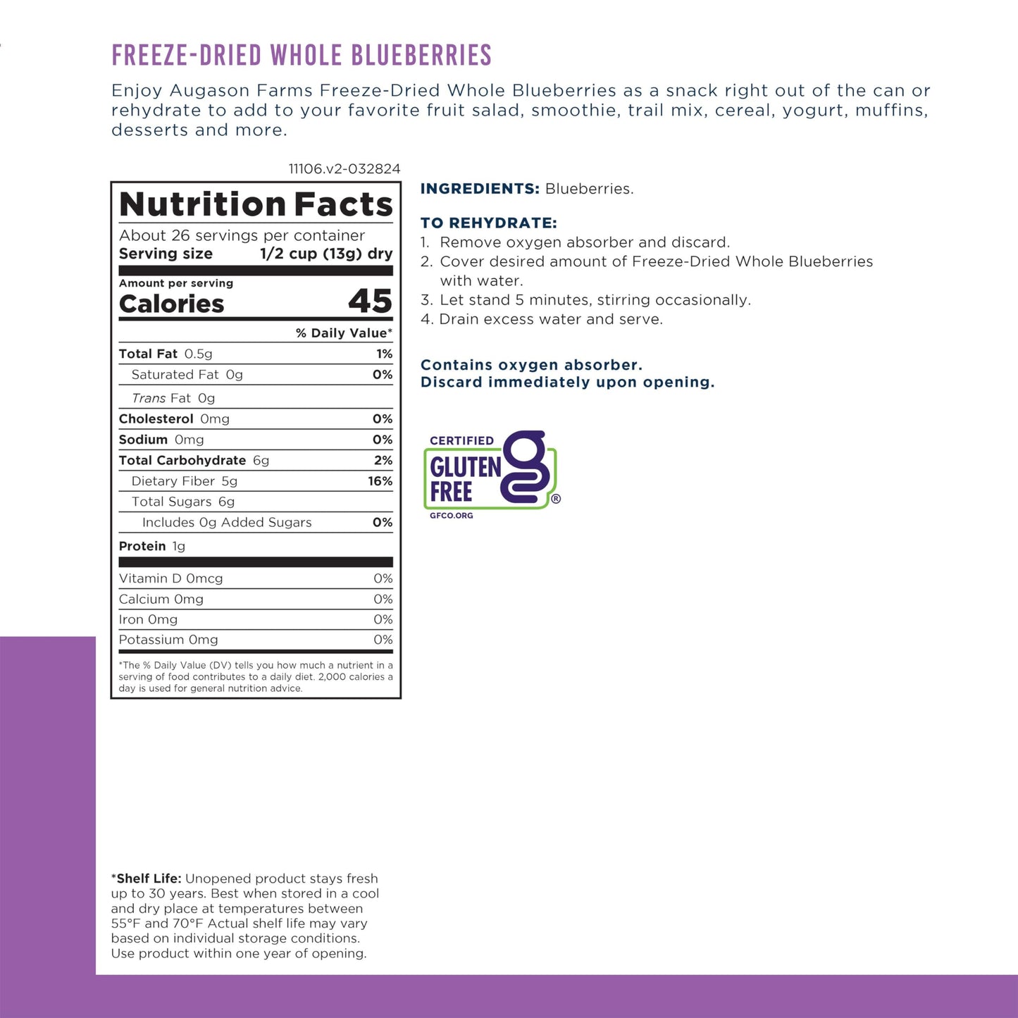 Augason Farms Freeze Dried Whole Blueberries Can, Emergency Food Supply, Everyday Meals, 26 Servings