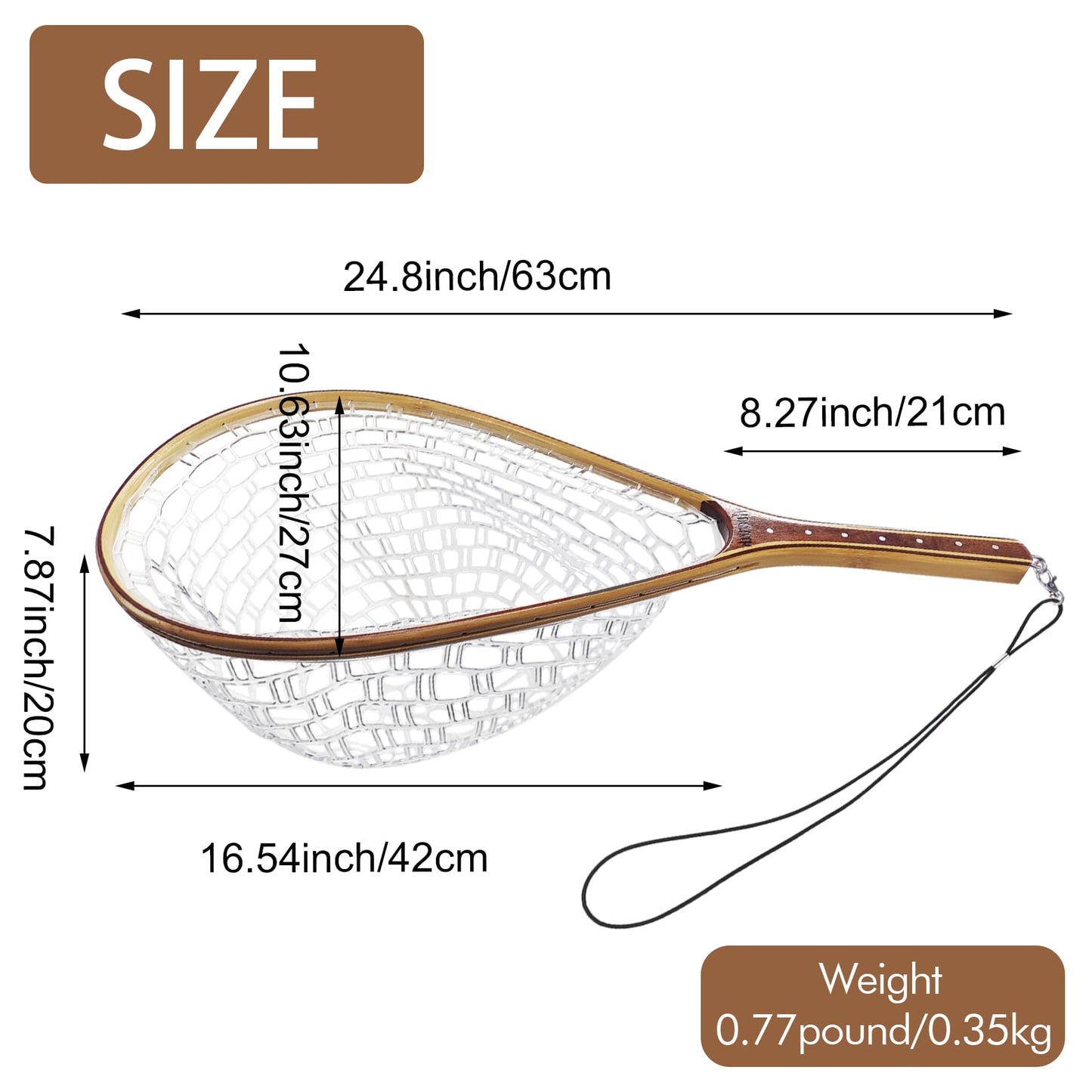Aventik Fly Fishing Landing Net Trout Fishing Wooden with Measuring Mark Soft Rubber Net Bag Catch & Release