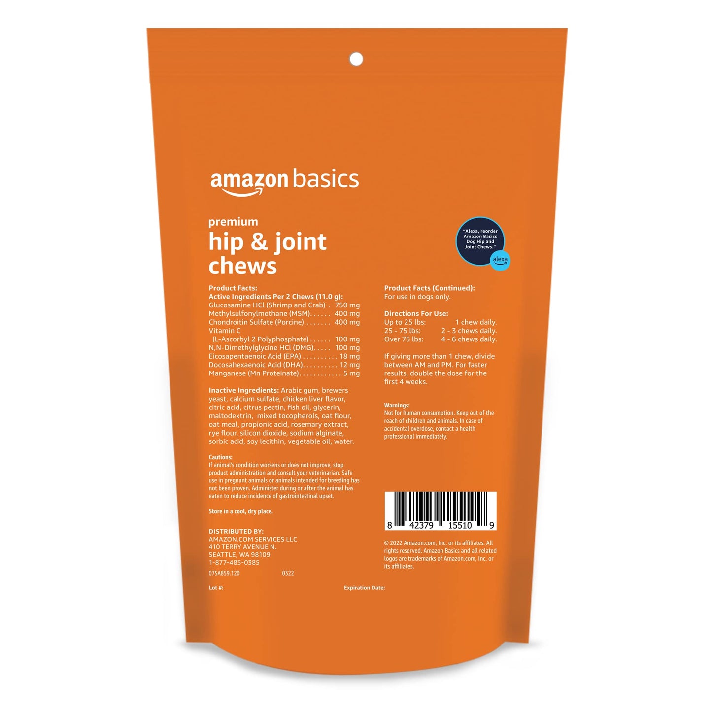 Amazon Basics Premium Dog Hip & Joint Supplement Chews with EPA and DHA, 120 Count (Previously Solimo)
