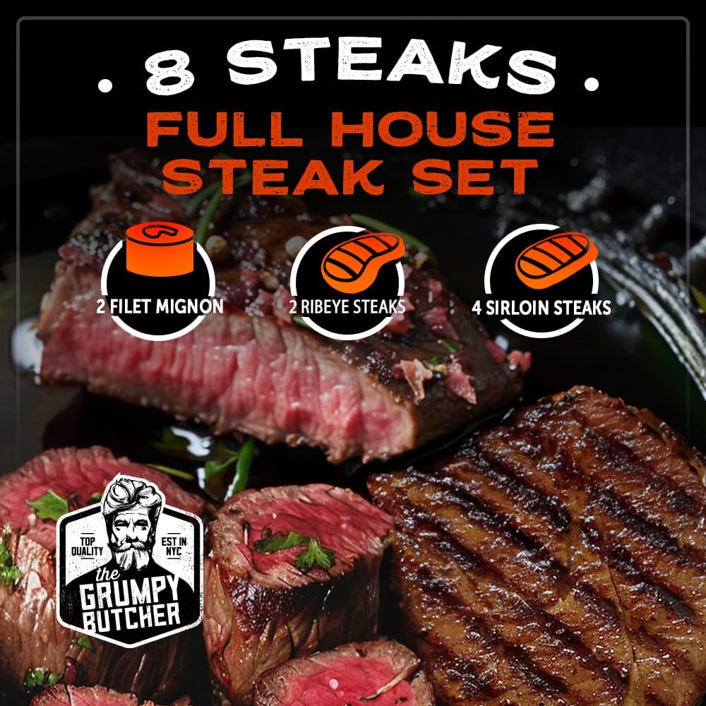 Grumpy Butcher Box Meat Food Gifts: 2 Top Sirloins Steaks (6 oz), 2 Duroc Bone in Pork Chops (14 oz) & 2 Cheese Stuffed Chicken Breasts Wrapped in Bacon (8 oz) - Gourmet Gift Basket for Men