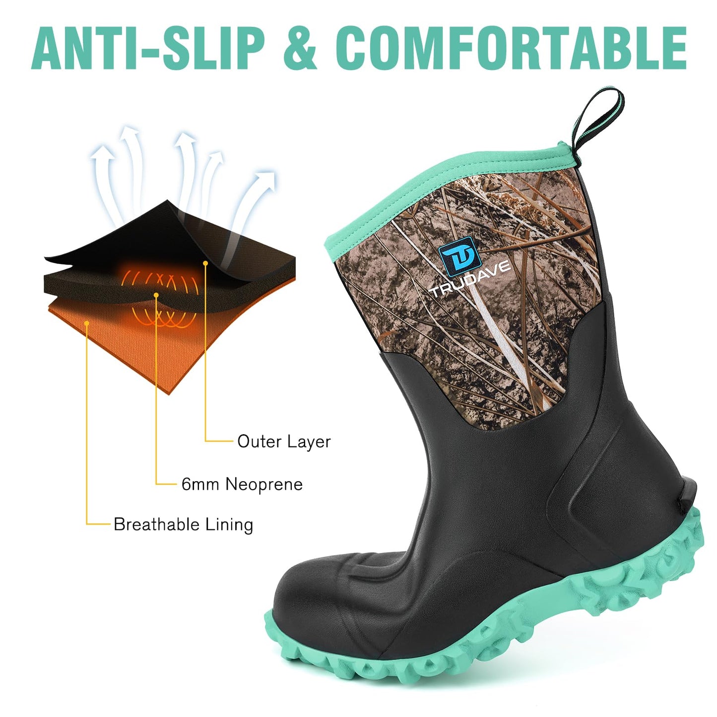 Rubber Boots for Women with Steel Shank, 6mm Neoprene Mid Calf Rain Boots, Waterproof Insulated Mud Work Boots All Season, Size 5-11