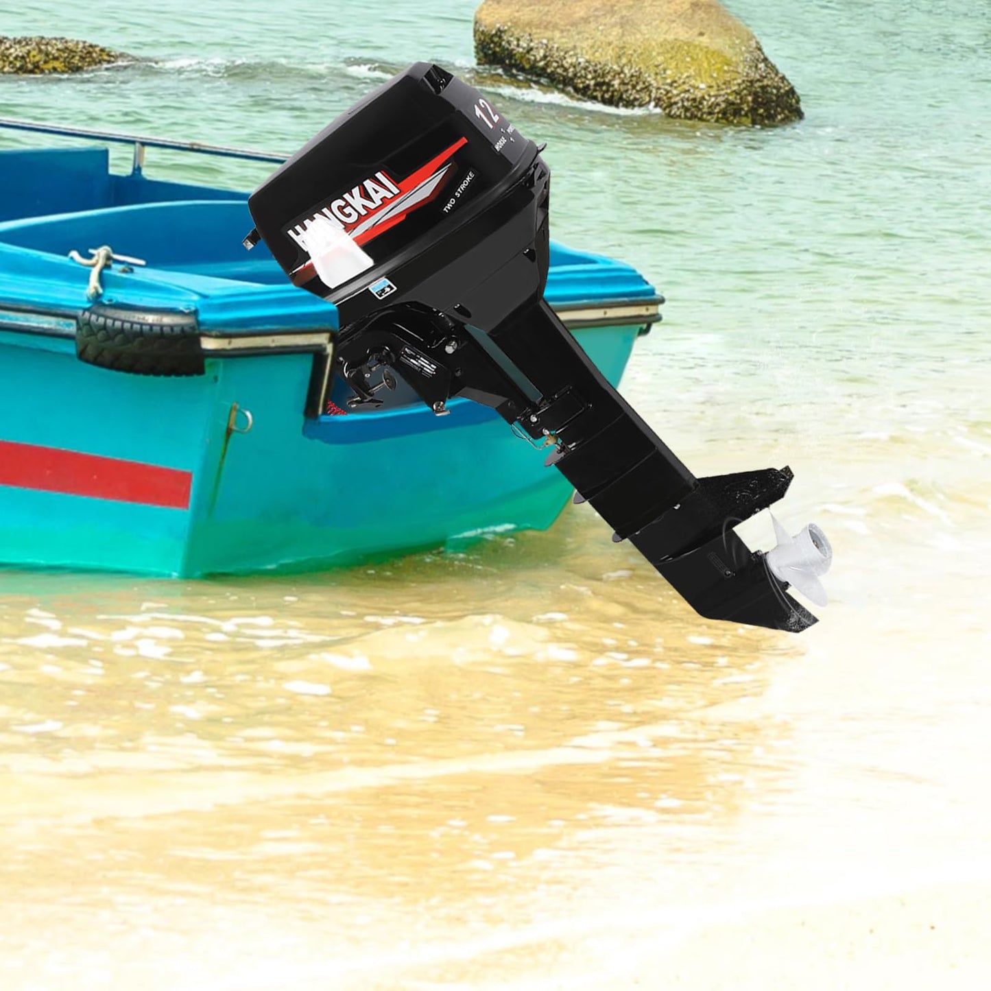 6HP Heavy Duty Outboard Motor, 170cc 4 Stroke Gas Outboard Boat Motor Engine with Air Cooling System, 3.2KW Single Cylinder Fishing Boat Engine for 3-7m Length