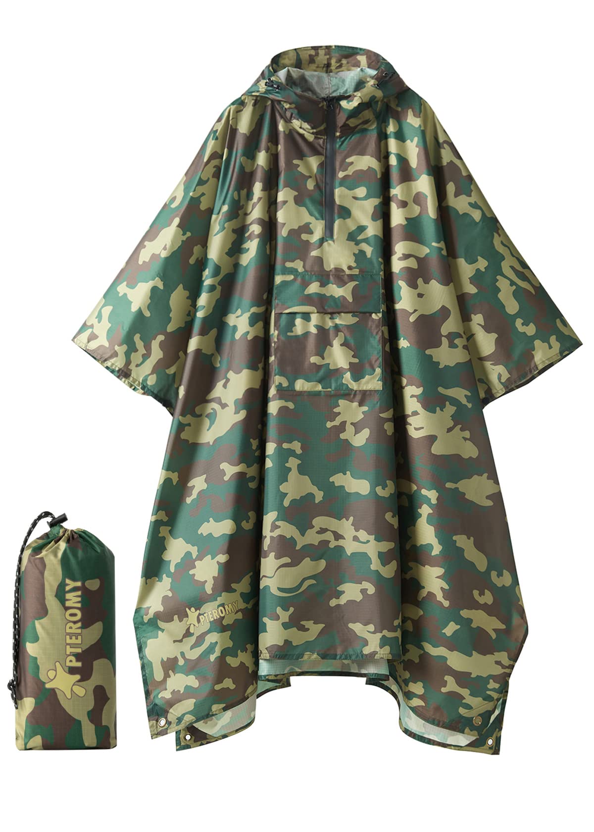 PTEROMY Hooded Rain Poncho for Adult with Pocket, Waterproof Lightweight Unisex Raincoat for Hiking Camping Emergency
