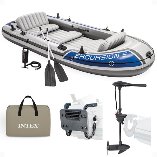 Intex Excursion 5 Person Inflatable Boat Set with 2 Aluminum Oars and Pump, Intex 12V Transom Mount Boat Trolling, and Motor Mount Kit