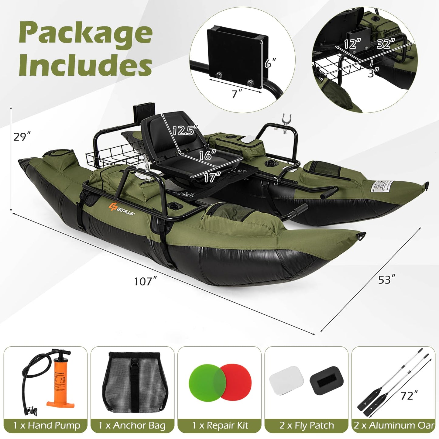 Goplus Inflatable Fishing Float Tube, Pontoon Boat w/Foldable Padded Seat, Adjustable Footrest, Pump, Paddles, Fish Ruler, Storage Basket,Pockets, 400 LBS Load Capacity Adult Belly Boat for Angling
