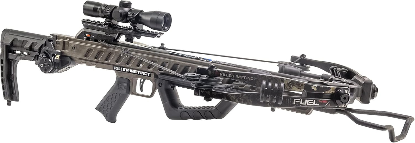 Killer Instinct Fuel 415 Crossbow Package. The Fuel 415 Pro Package is Equipped with a Lumix Scope, 3 Hypr Lite Bolts, Quiver, with an Integrated RDC Crank Allowing for Fast and Easy Reloads.