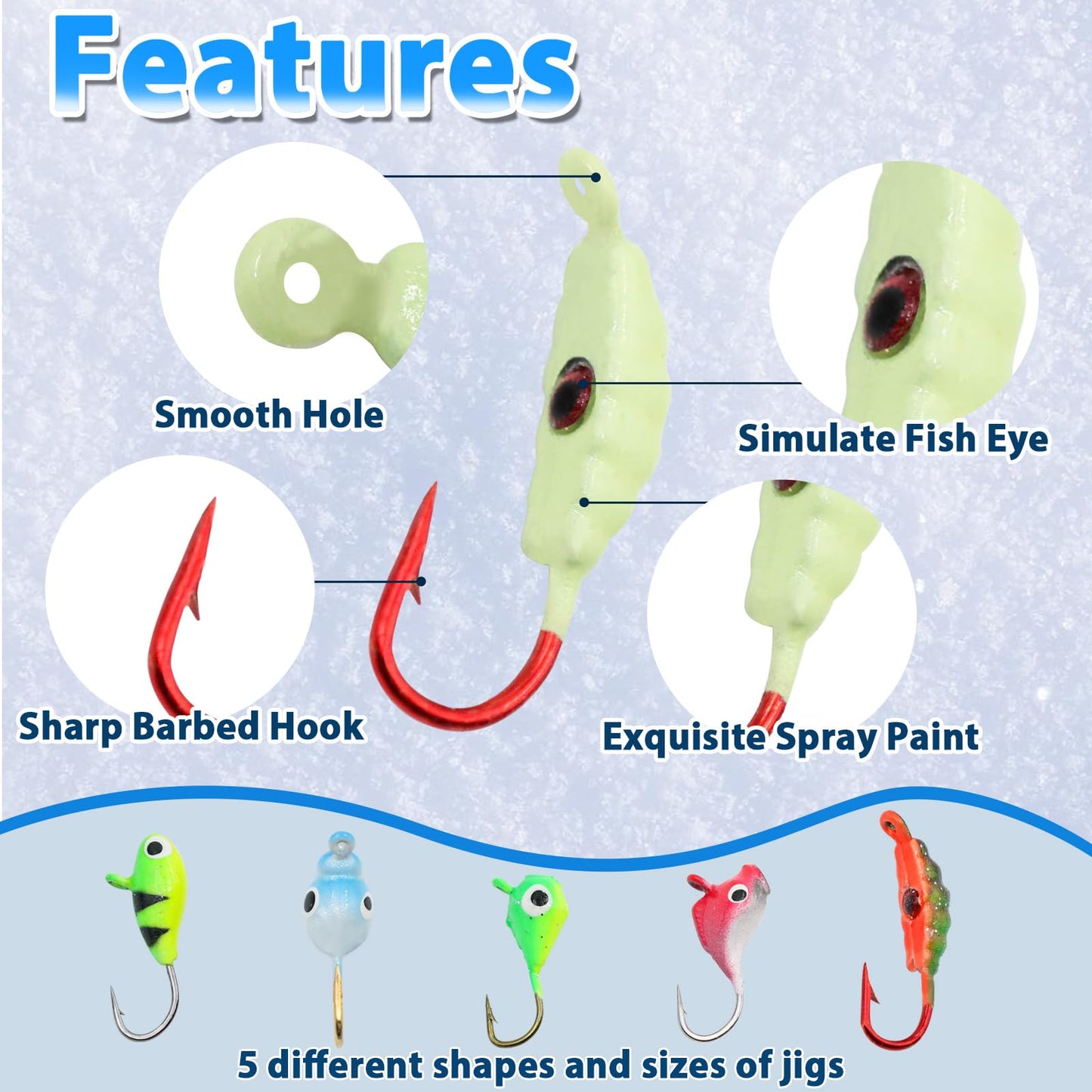 Ice Fishing Jigs Kit, 30/60Pcs Glow Ice Fishing Lure Set for Winter Ice Jigging Crappie Sunfish Perch Panfish Walleye Pike Jigs, Ice Fishing Gear with Storage Box