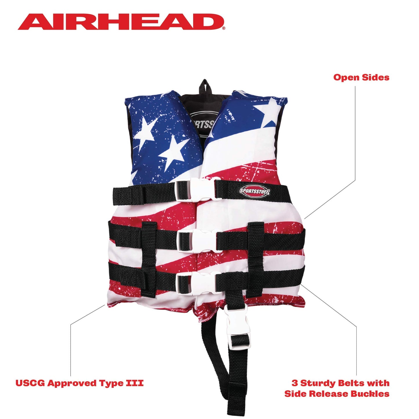 Sportstuff Type III Life Jacket US Coast Guard Approved Open Sides with 3 Body Belts & Buckles Quick Dry Fabric, Secure Fit, Comfortable Stars & Stripes