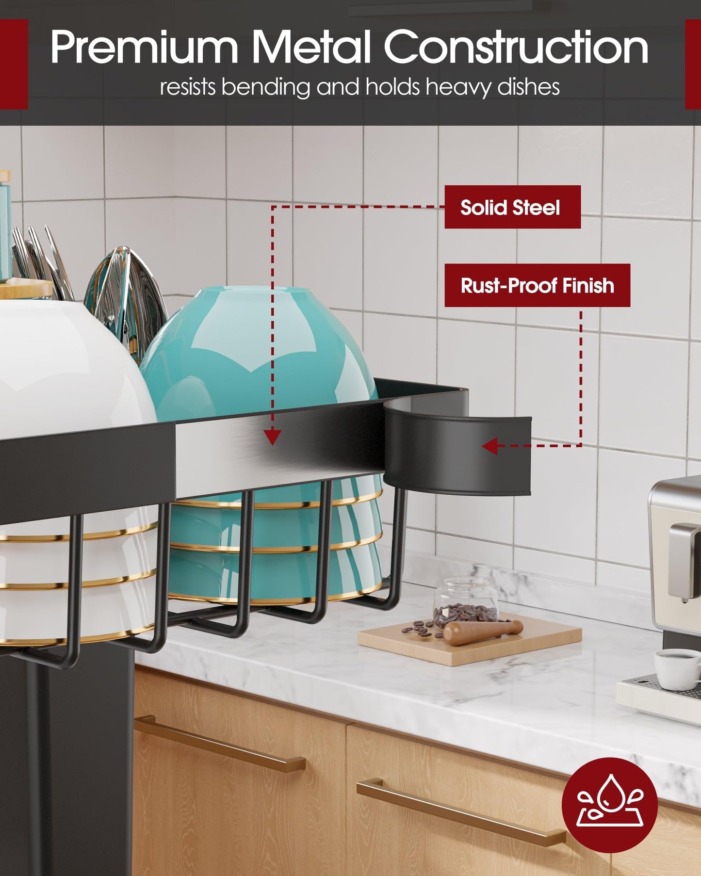 Sakugi Over The Sink Dish Drying Rack - Adjustable 2 Tier Large Capacity Stainless Steel Drainer with Cutlery & Utensil Holders, Kitchen Storage & Organization, 30"-33.9" L x 11" W x 21.5" H, Black