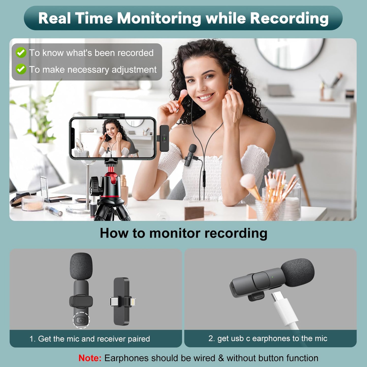 MAYBESTA Professional Wireless Mini Microphone for iPhone, iPad, Android Phone - Bluetooth Lavalier Lapel Mic for Video Recording - Clip on USB C Microphones for YouTube Tiktok Podcast Vlogging