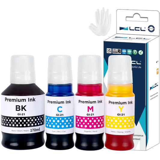 LCL Compatible GI-21 G3260 G3270 Ink Bottles Replacement for Canon 21 GI-21 GI21 Ink Refill Bottles for Canon G3260 G3270 G2260 G1220 G1230 G2270 MegaTank Printers (Black 170ML, CMY 70ML, 4-Pack)