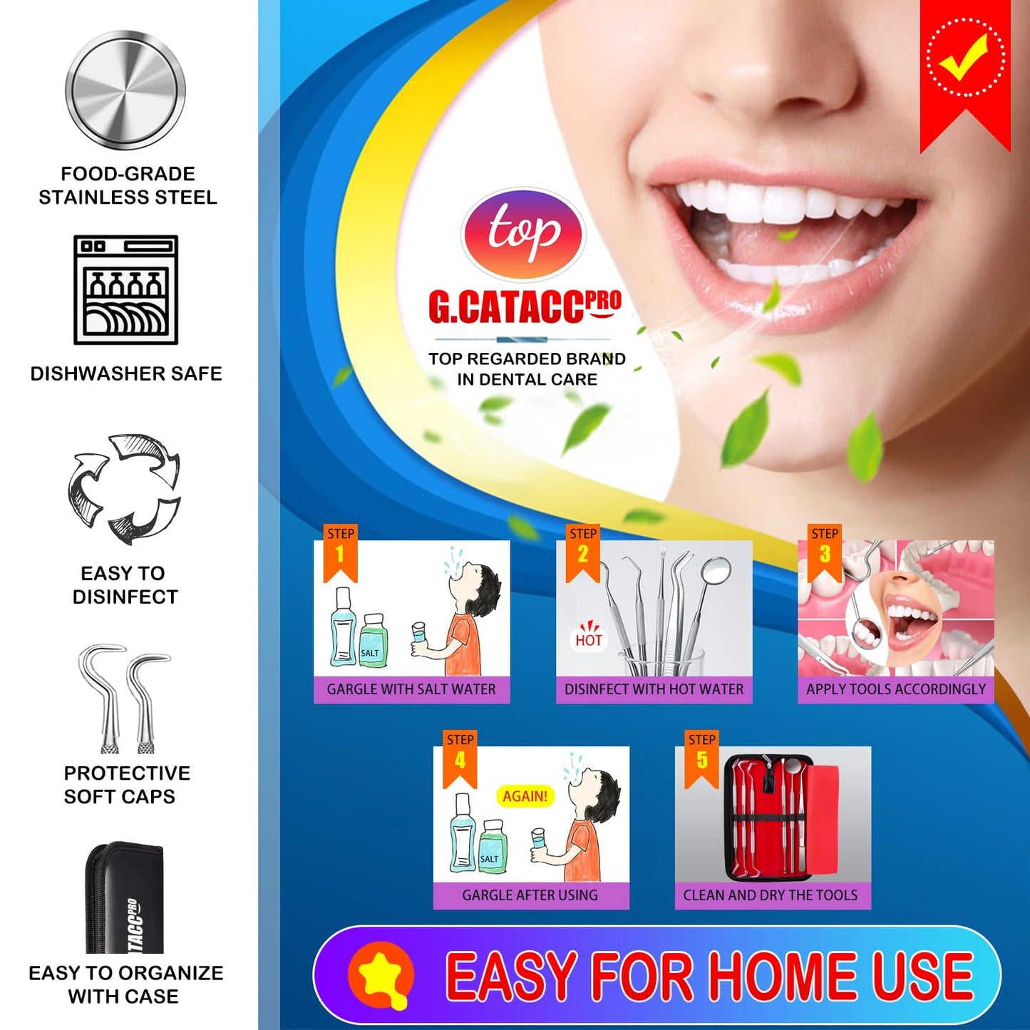 G.CATACC Dental Tools, Dental Pick Teeth Cleaning Tools Hygiene Kit, Plaque Remover for Teeth, Professional Stainless Steel Tooth Scraper Plaque Tartar Cleaner - with Case