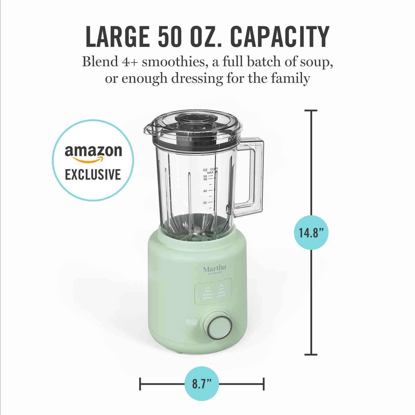 Martha Stewart 50oz Countertop Blender, Smoothie, Margarita & Ice Crushing Blender, BPA-Free Pitcher, 3 Speeds, 5 Presets, Auto-Clean Function, Dishwasher Safe, Stainless Steel Blades, Sky Blue