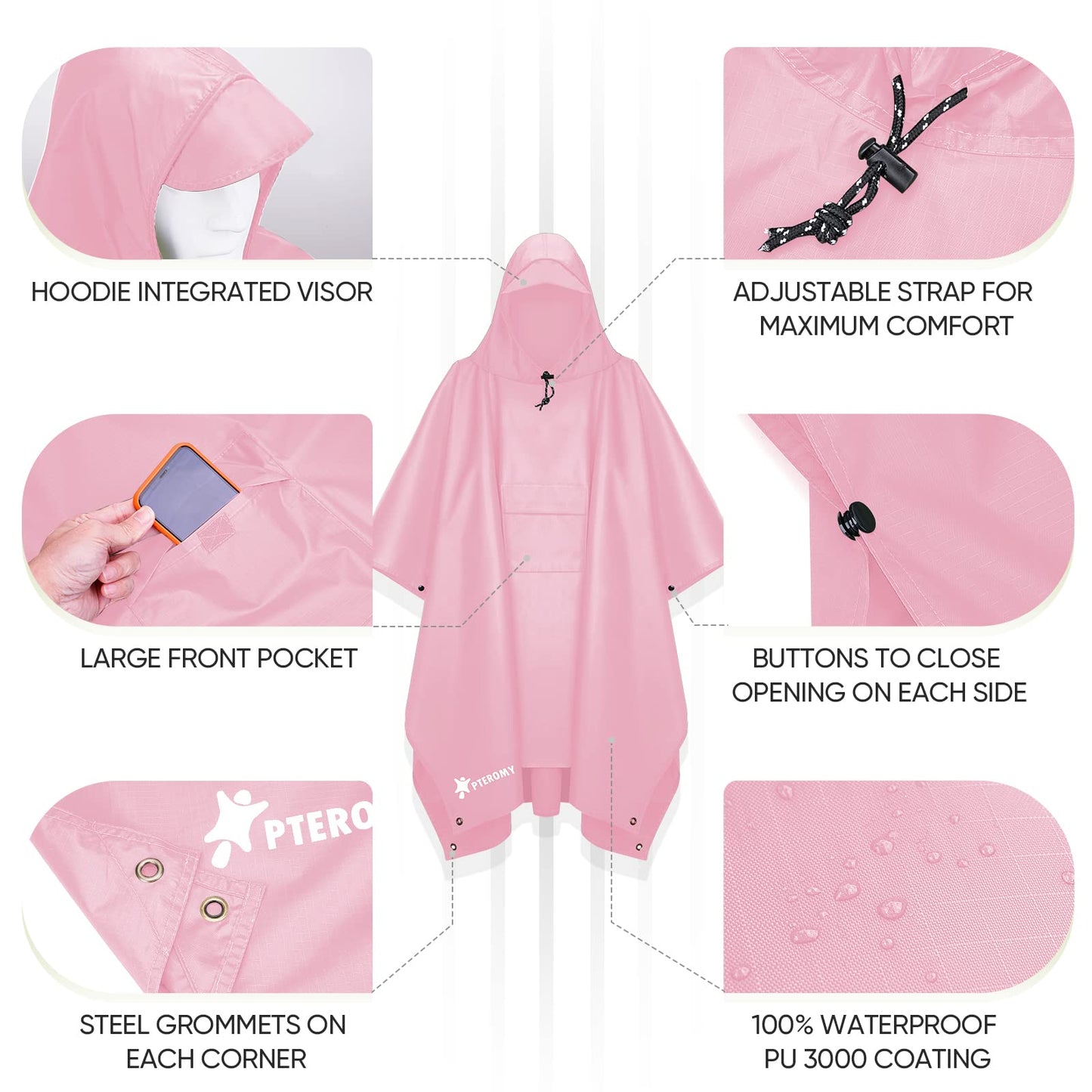 PTEROMY Hooded Rain Poncho for Adult with Pocket, Waterproof Lightweight Unisex Raincoat for Hiking Camping Emergency