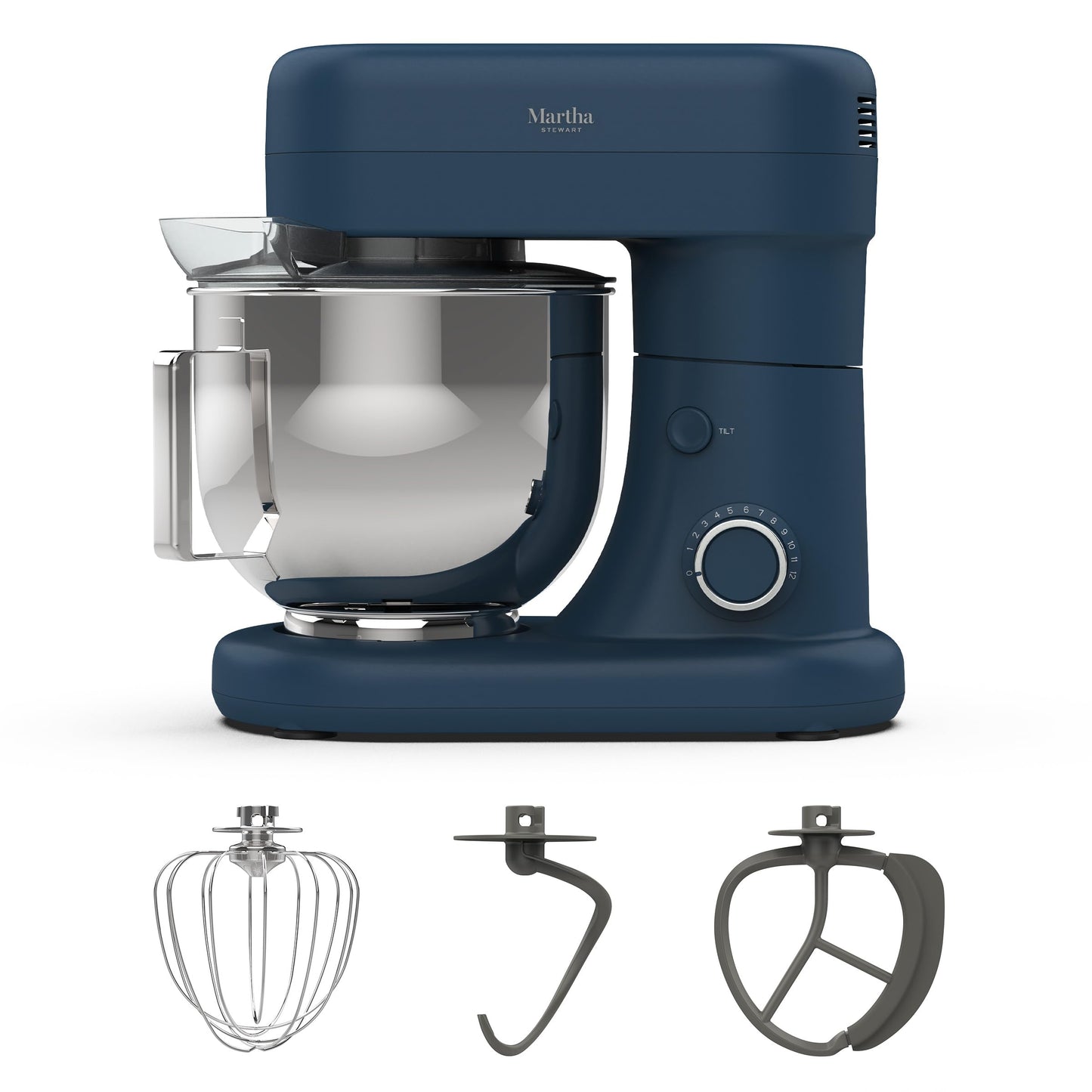 Martha Stewart Stand Mixer, 12 Speed, Tilt-Head, 5.3QT Stainless Steel Bowl, Splash Guard with Pour Chute, Whisk, Dough Hook, Flat Beater, Electric Kitchen Baking Mixer, Bread, Cake, Whip, Caviar Gray