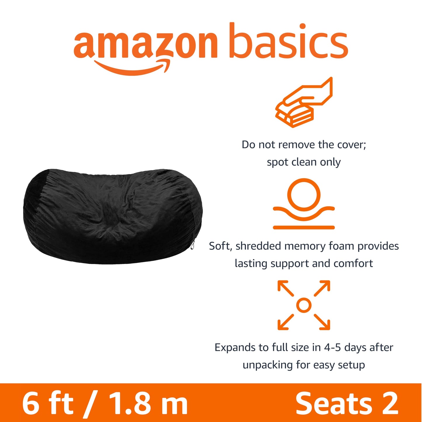 Amazon Basics Large Bean Bag Chair for Adults, 6 ft Memory Foam Filled with Microfiber Cover, Black, for Bedroom, Living Room, Dorm, Relaxation