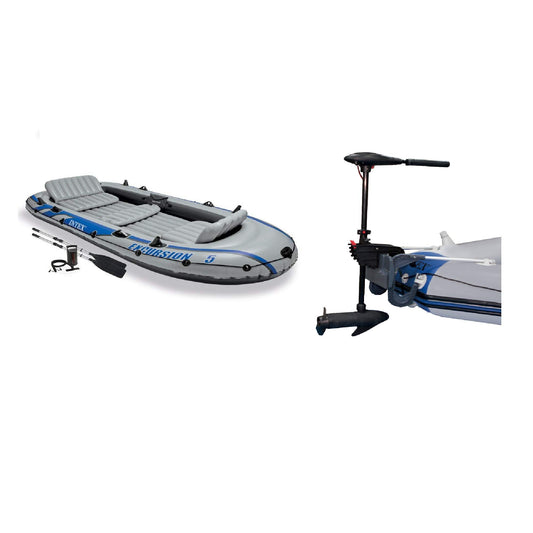 Intex Excursion 5 Inflatable 5 Person Boat and Accessories Set for Outdoor Fishing and Boating Bundled with 8 Speed Transom Mount Trolling Motor