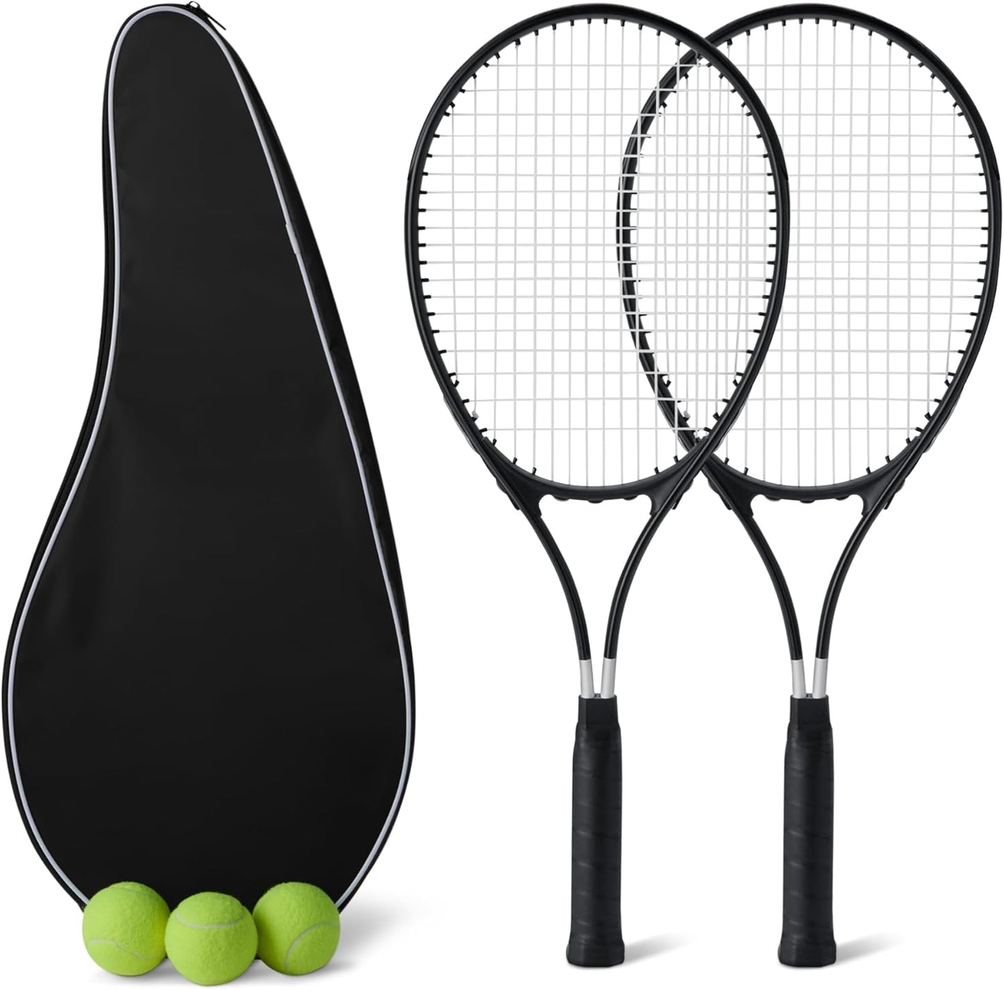 Amazon Basics Lightweight Durable Tennis Racket Set with Comfortable Grip, 27-inch Adult, Set of 2 with 3 Balls and 2 Overgrips